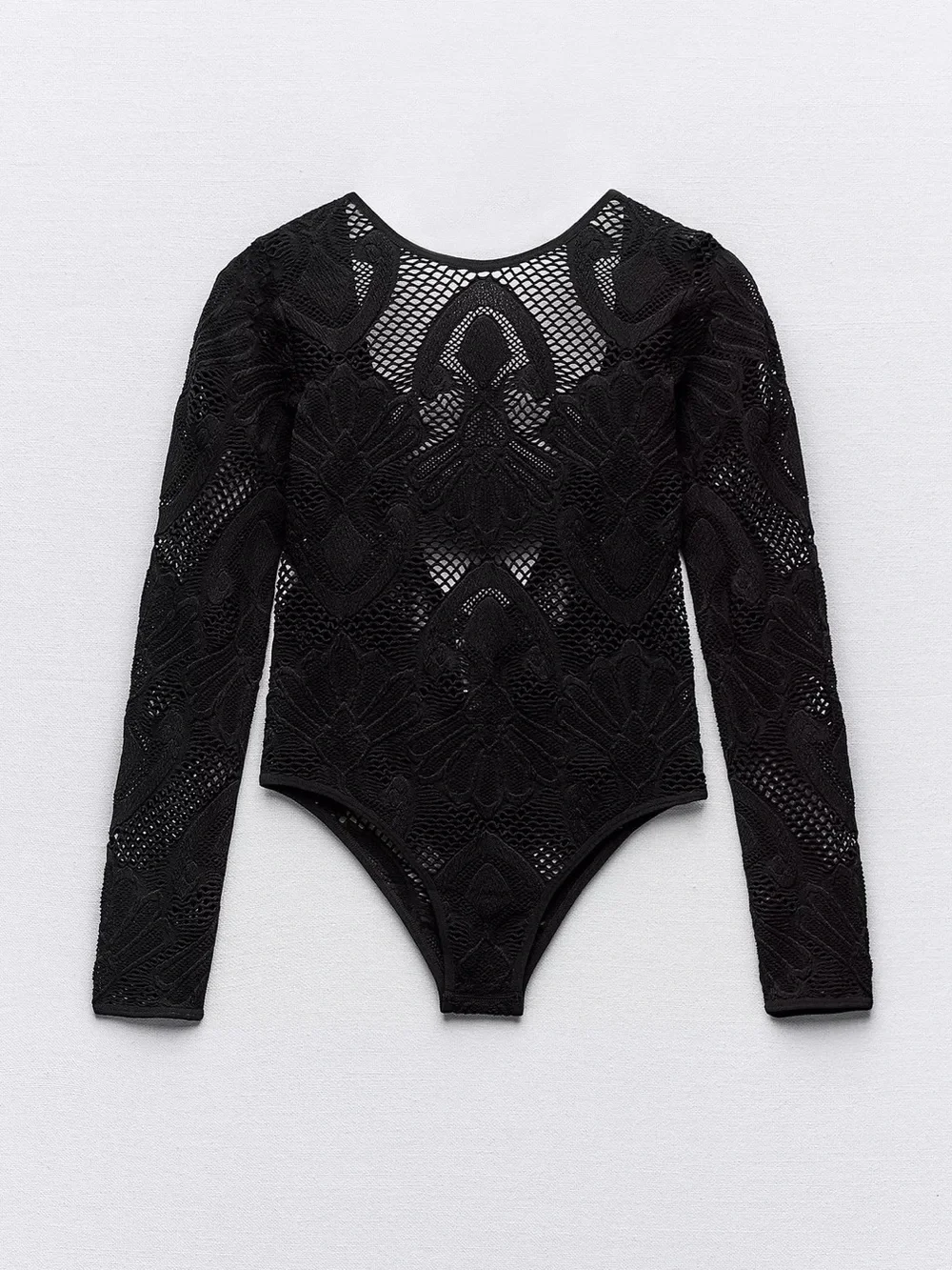 Zara Long-Sleeve Boatneck Sheer Bodysuit Black XS